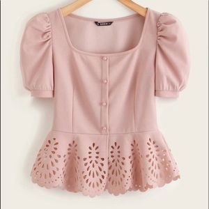 2/$15Button Front Puff Sleeve Laser Cut Hem Blouse
